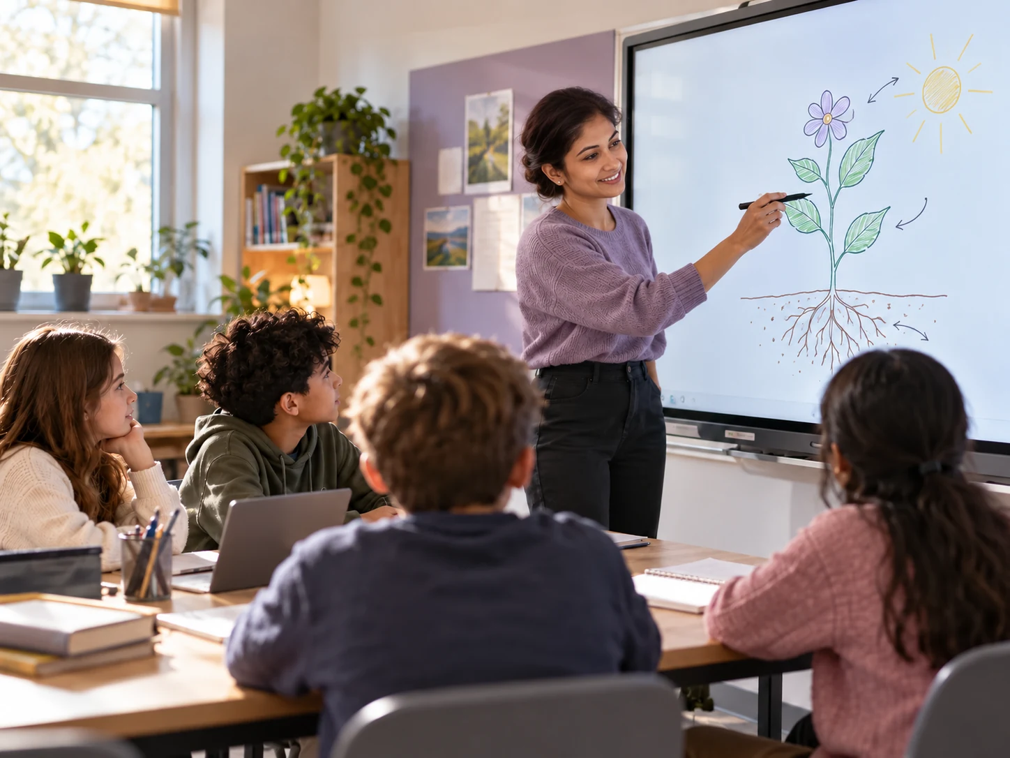 Educator using an interactive display to teach
